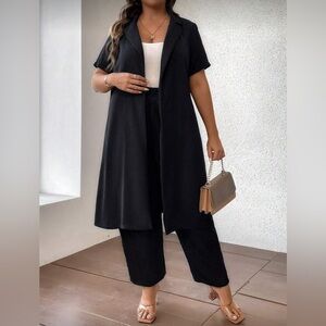 Black Wide-Leg Pants with Long Short-Sleeve Blazer Set